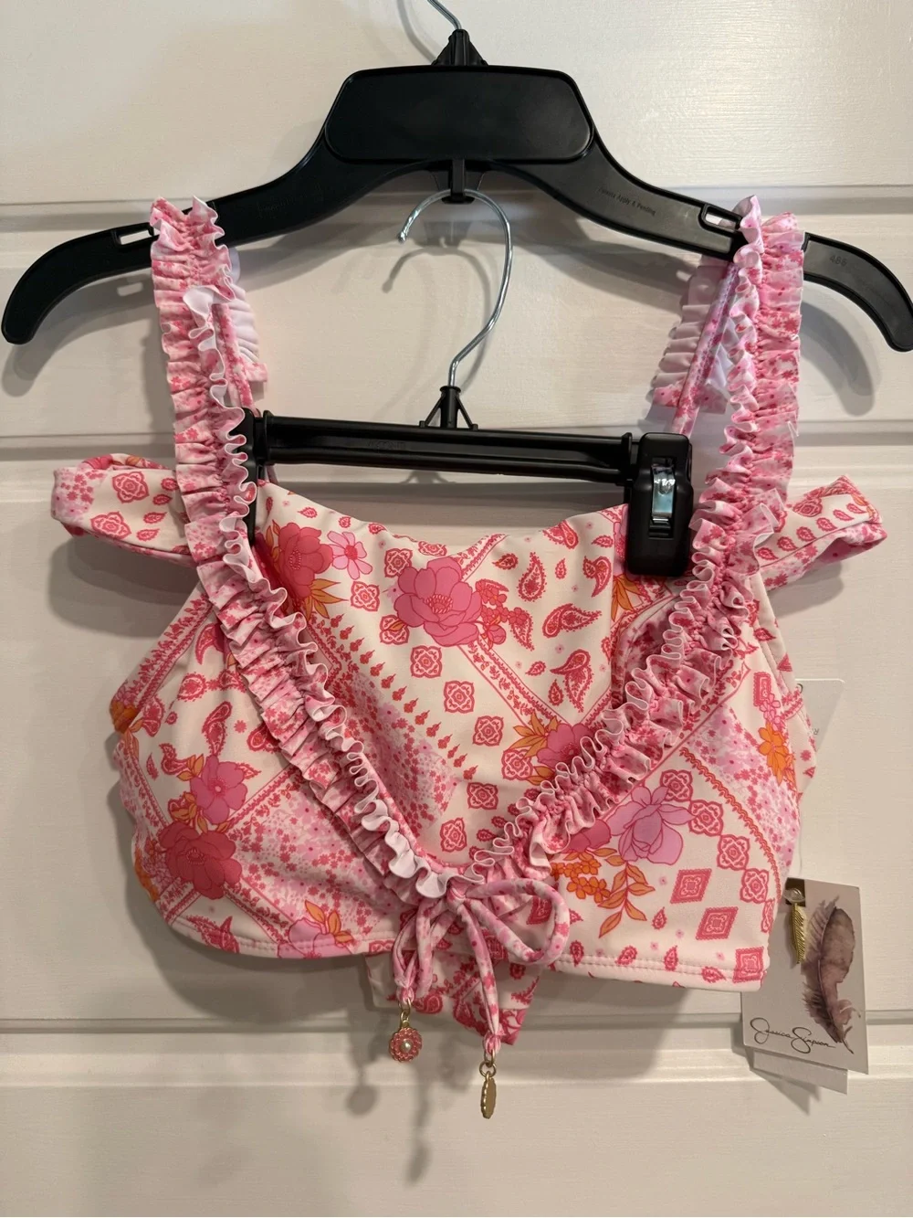 Jessica Simpson Reversible Pink White Floral Ruffle Bikini Set XS NWT